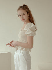 Smocked Linen Puff Sleeve Top with Ruffle Hem and Square Neckline for Feminine Everyday Style