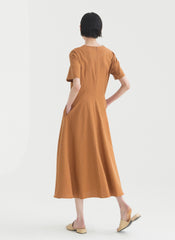 Elegant Midi Dress In Breathable Linen Fabric With Short Sleeves And Flared A-Line Silhouette