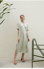 Linen Wrap Midi Dress with V-Neckline and Side Slits – Relaxed Fit Summer Day Dress