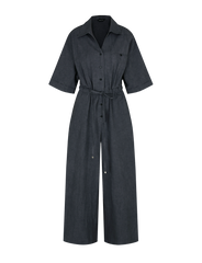 Wide-Leg Button-Front Linen Jumpsuit with Waist Tie and Short Sleeves