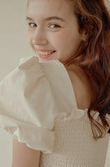 Smocked Linen Puff Sleeve Top with Ruffle Hem and Square Neckline for Feminine Everyday Style