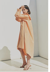 Elegant Ruffled Collar Long Sleeve Linen Dress with Button Front Detail