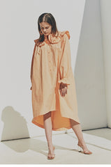 Elegant Ruffled Collar Long Sleeve Linen Dress with Button Front Detail