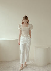 Smocked Linen Puff Sleeve Top with Ruffle Hem and Square Neckline for Feminine Everyday Style