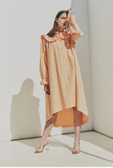 Elegant Ruffled Collar Long Sleeve Linen Dress with Button Front Detail