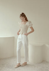 Smocked Linen Puff Sleeve Top with Ruffle Hem and Square Neckline for Feminine Everyday Style