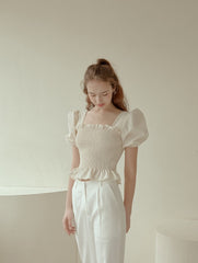 Smocked Linen Puff Sleeve Top with Ruffle Hem and Square Neckline for Feminine Everyday Style