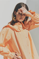 Elegant Ruffled Collar Long Sleeve Linen Dress with Button Front Detail