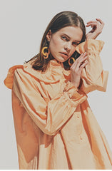 Elegant Ruffled Collar Long Sleeve Linen Dress with Button Front Detail