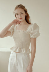 Smocked Linen Puff Sleeve Top with Ruffle Hem and Square Neckline for Feminine Everyday Style