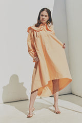 Elegant Ruffled Collar Long Sleeve Linen Dress with Button Front Detail