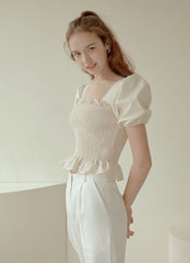 Smocked Linen Puff Sleeve Top with Ruffle Hem and Square Neckline for Feminine Everyday Style