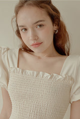Smocked Linen Puff Sleeve Top with Ruffle Hem and Square Neckline for Feminine Everyday Style