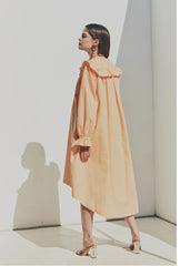 Elegant Ruffled Collar Long Sleeve Linen Dress with Button Front Detail