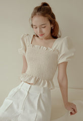 Smocked Linen Puff Sleeve Top with Ruffle Hem and Square Neckline for Feminine Everyday Style