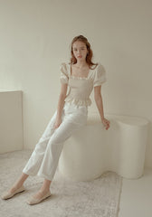 Smocked Linen Puff Sleeve Top with Ruffle Hem and Square Neckline for Feminine Everyday Style
