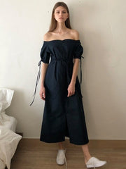 Off-Shoulder Linen Midi Dress with Ruched Sleeves, Sweetheart Neckline and Waist Tie