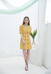 Linen Double-Breasted Mini Dress for Women with Puff Sleeves and Tailored Lapel for Chic Styling