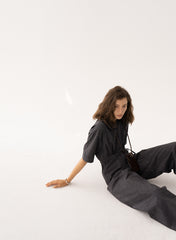 Wide-Leg Button-Front Linen Jumpsuit with Waist Tie and Short Sleeves