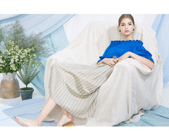 Off-Shoulder Linen Blouse for Women with Elastic Shirred Neckline and Puff Sleeves