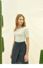 Fitted Cotton T-Shirt With Half Sleeves and Minimalist Scoop Neckline