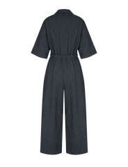 Wide-Leg Button-Front Linen Jumpsuit with Waist Tie and Short Sleeves