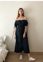 Off-Shoulder Linen Midi Dress with Ruched Sleeves, Sweetheart Neckline and Waist Tie