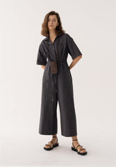 Wide-Leg Button-Front Linen Jumpsuit with Waist Tie and Short Sleeves