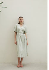 Linen Wrap Midi Dress with V-Neckline and Side Slits – Relaxed Fit Summer Day Dress
