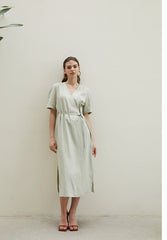 Linen Wrap Midi Dress with V-Neckline and Side Slits – Relaxed Fit Summer Day Dress