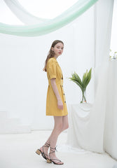 Linen Double-Breasted Mini Dress for Women with Puff Sleeves and Tailored Lapel for Chic Styling