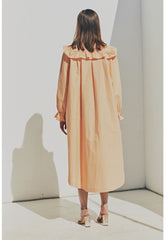 Elegant Ruffled Collar Long Sleeve Linen Dress with Button Front Detail