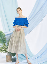 Off-Shoulder Linen Blouse for Women with Elastic Shirred Neckline and Puff Sleeves