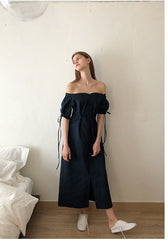 Off-Shoulder Linen Midi Dress with Ruched Sleeves, Sweetheart Neckline and Waist Tie