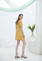 Linen Double-Breasted Mini Dress for Women with Puff Sleeves and Tailored Lapel for Chic Styling