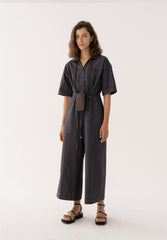Wide-Leg Button-Front Linen Jumpsuit with Waist Tie and Short Sleeves