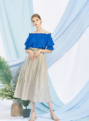 Off-Shoulder Linen Blouse for Women with Elastic Shirred Neckline and Puff Sleeves