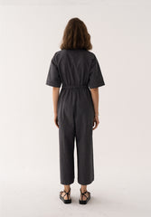 Wide-Leg Button-Front Linen Jumpsuit with Waist Tie and Short Sleeves