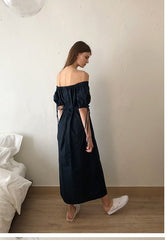 Off-Shoulder Linen Midi Dress with Ruched Sleeves, Sweetheart Neckline and Waist Tie