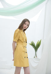 Linen Double-Breasted Mini Dress for Women with Puff Sleeves and Tailored Lapel for Chic Styling