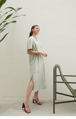 Linen Wrap Midi Dress with V-Neckline and Side Slits – Relaxed Fit Summer Day Dress