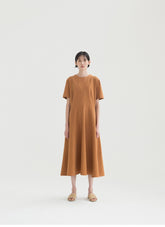 Elegant Midi Dress In Breathable Linen Fabric With Short Sleeves And Flared A-Line Silhouette