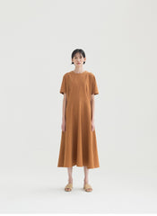 Elegant Midi Dress In Breathable Linen Fabric With Short Sleeves And Flared A-Line Silhouette