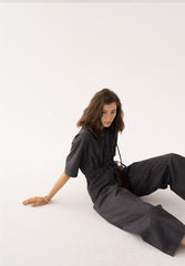 Wide-Leg Button-Front Linen Jumpsuit with Waist Tie and Short Sleeves