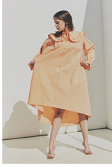 Elegant Ruffled Collar Long Sleeve Linen Dress with Button Front Detail