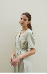 Linen Wrap Midi Dress with V-Neckline and Side Slits – Relaxed Fit Summer Day Dress