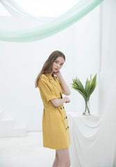 Linen Double-Breasted Mini Dress for Women with Puff Sleeves and Tailored Lapel for Chic Styling