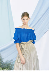 Off-Shoulder Linen Blouse for Women with Elastic Shirred Neckline and Puff Sleeves