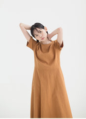 Elegant Midi Dress In Breathable Linen Fabric With Short Sleeves And Flared A-Line Silhouette