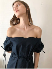 Off-Shoulder Linen Midi Dress with Ruched Sleeves, Sweetheart Neckline and Waist Tie